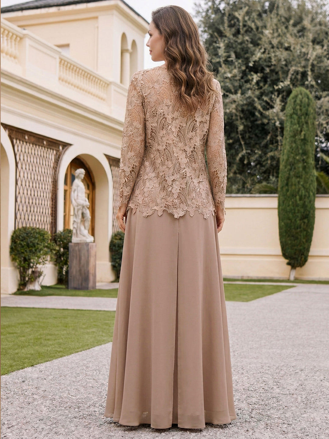 3 Pieces Square Collar Chiffon Mother of the Bride Pantsuits with Jacket Overskirt Lace Floor-Length Long Sleeves