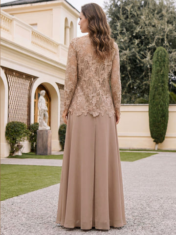 3 Pieces Square Collar Chiffon Mother of the Bride Pantsuits with Jacket Overskirt Lace Floor-Length Long Sleeves