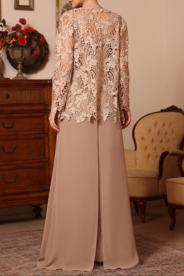 3 Pieces Square Collar Chiffon Mother of the Bride Pantsuits with Jacket Overskirt Lace Floor-Length Long Sleeves