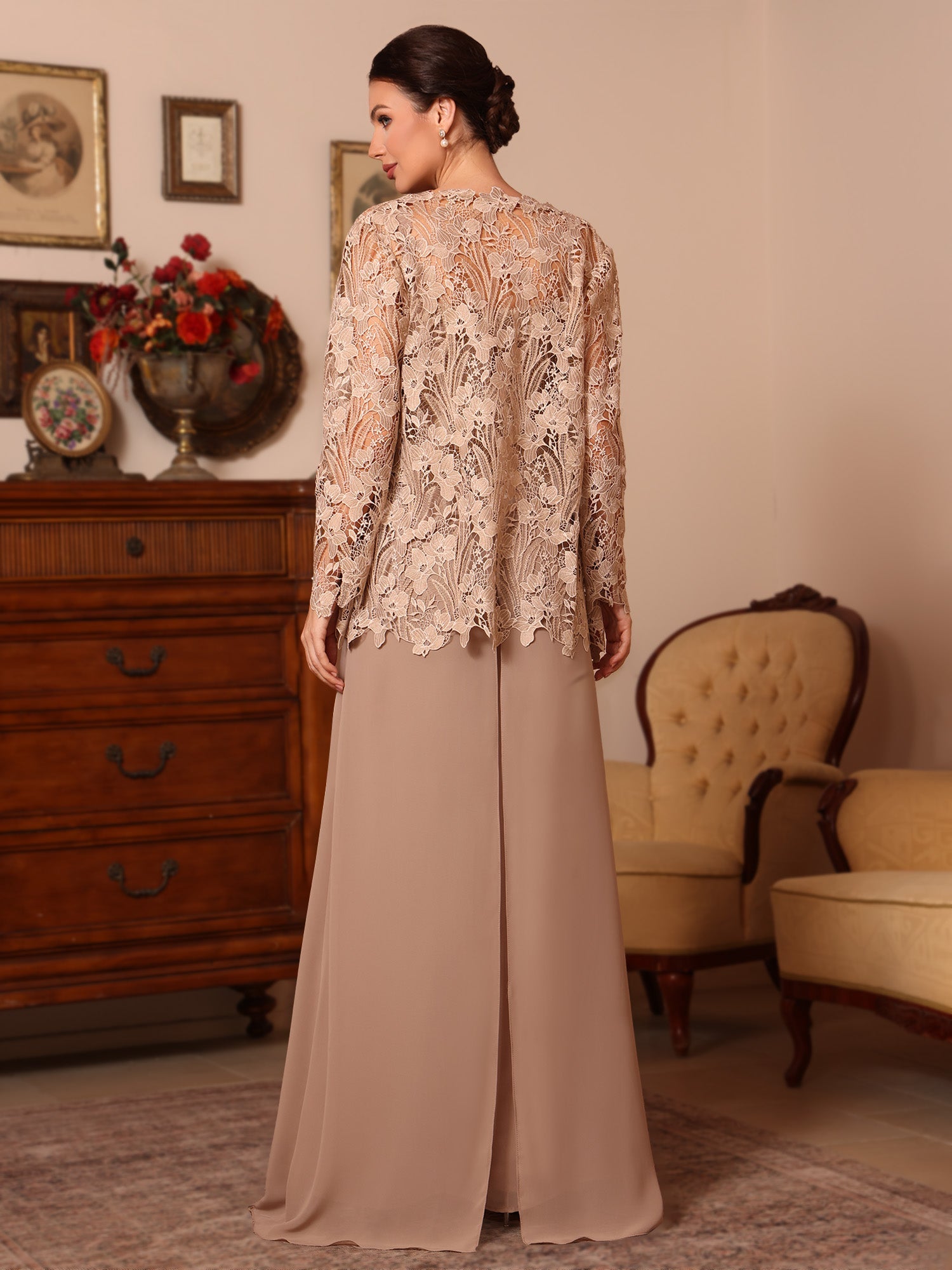 3 Pieces Square Collar Chiffon Mother of the Bride Pantsuits with Jacket Overskirt Lace Floor-Length Long Sleeves