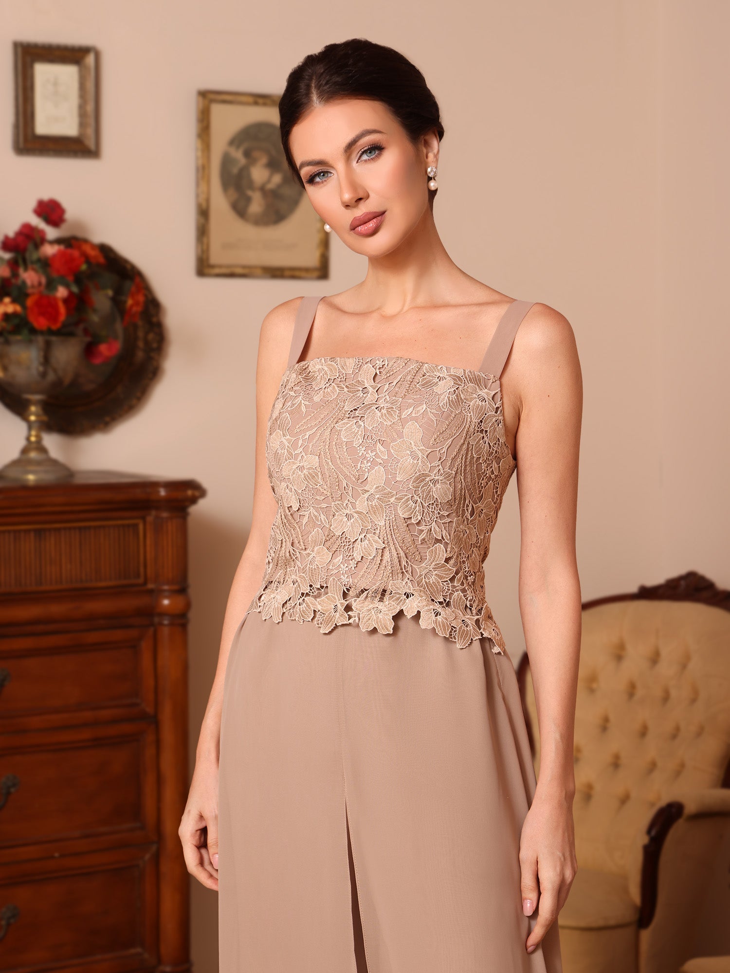 3 Pieces Square Collar Chiffon Mother of the Bride Pantsuits with Jacket Overskirt Lace Floor-Length Long Sleeves