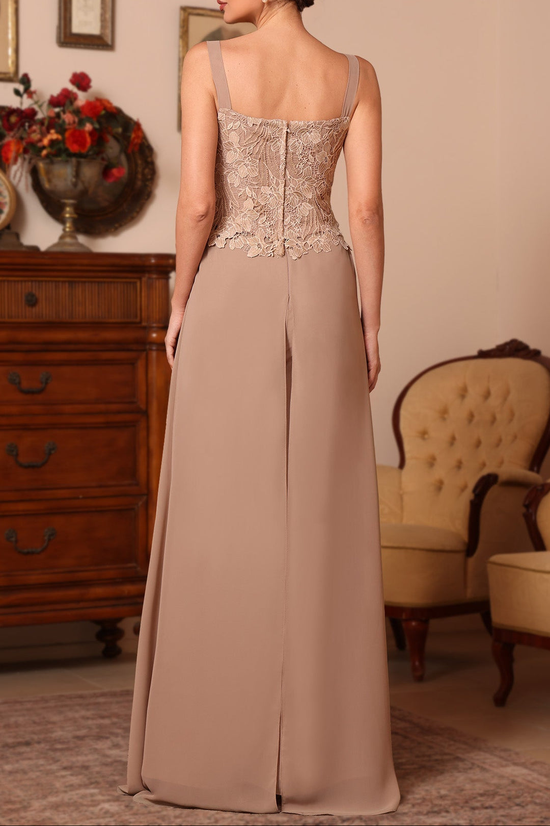 3 Pieces Square Collar Chiffon Mother of the Bride Pantsuits with Jacket Overskirt Lace Floor-Length Long Sleeves