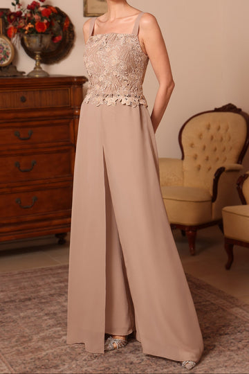 3 Pieces Square Collar Chiffon Mother of the Bride Pantsuits with Jacket Overskirt Lace Floor-Length Long Sleeves