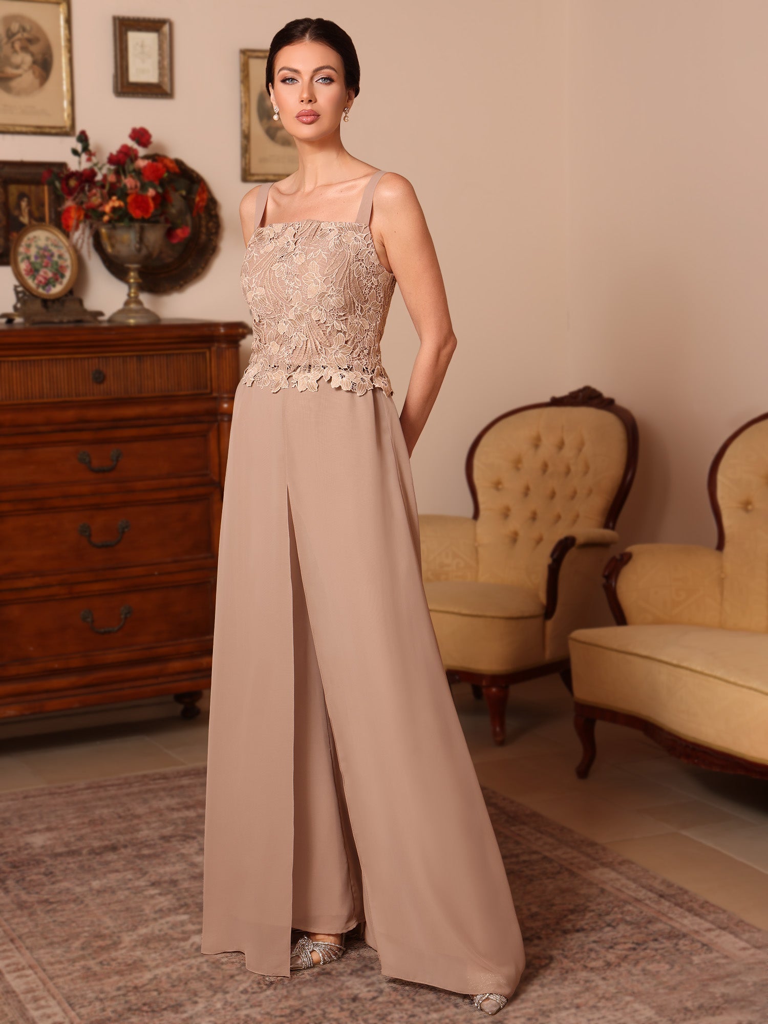 3 Pieces Square Collar Chiffon Mother of the Bride Pantsuits with Jacket Overskirt Lace Floor-Length Long Sleeves
