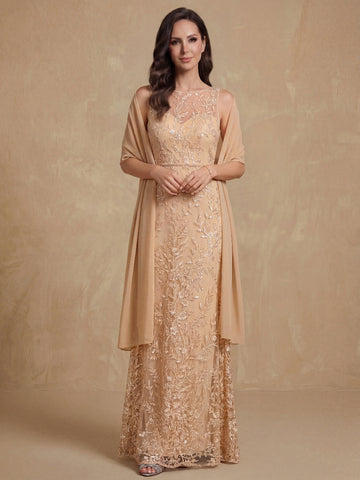 2 Pieces Sheath/Column Lace Mother of the Bride Dresses with Shawl Scoop Beading Sleeveless Floor-Length