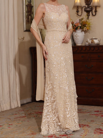 2 Pieces Sheath/Column Lace Mother of the Bride Dresses with Shawl Scoop Beading Sleeveless Floor-Length