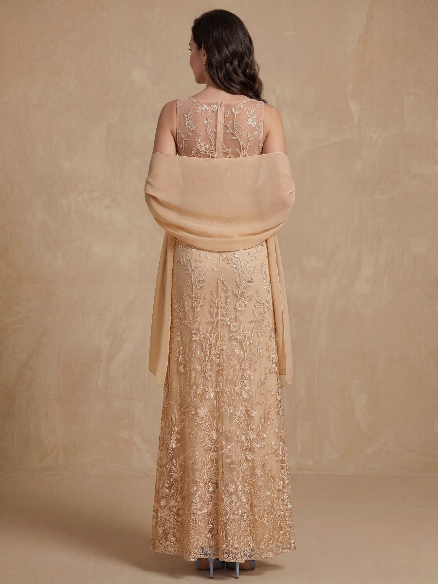 2 Pieces Sheath/Column Lace Mother of the Bride Dresses with Shawl Scoop Beading Sleeveless Floor-Length