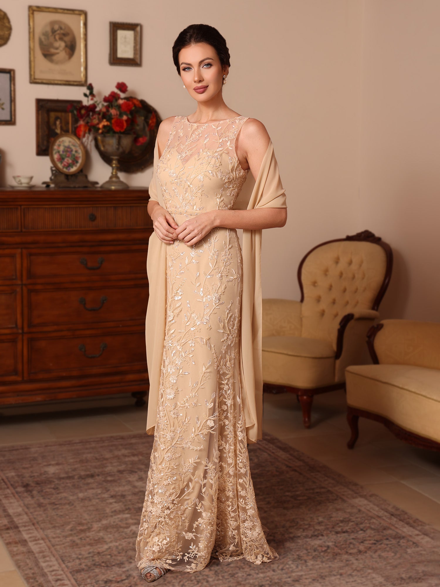 2 Pieces Sheath/Column Lace Mother of the Bride Dresses with Shawl Scoop Beading Sleeveless Floor-Length
