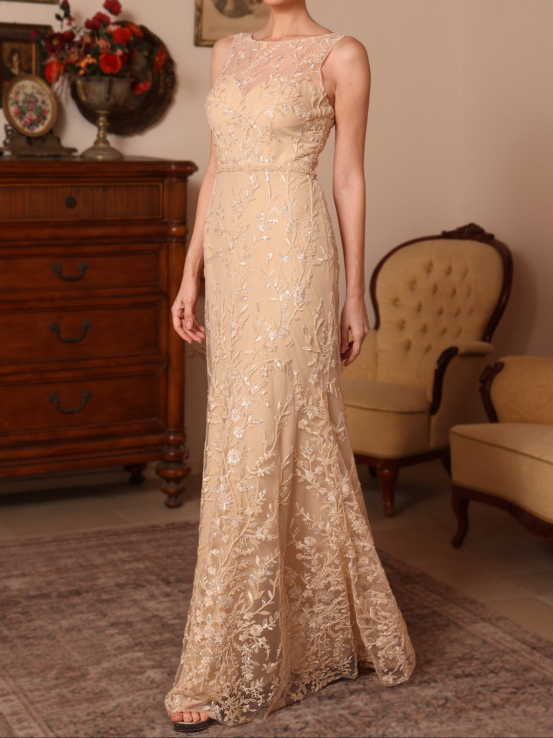 2 Pieces Sheath/Column Lace Mother of the Bride Dresses with Shawl Scoop Beading Sleeveless Floor-Length