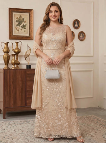 2 Pieces Sheath/Column Scoop Sleeveless Lace Floor-Length Plus Size Mother of the Bride Dresses with Shawl