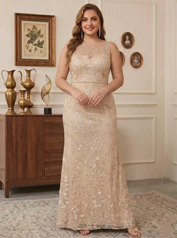 2 Pieces Sheath/Column Scoop Sleeveless Lace Floor-Length Plus Size Mother of the Bride Dresses with Shawl