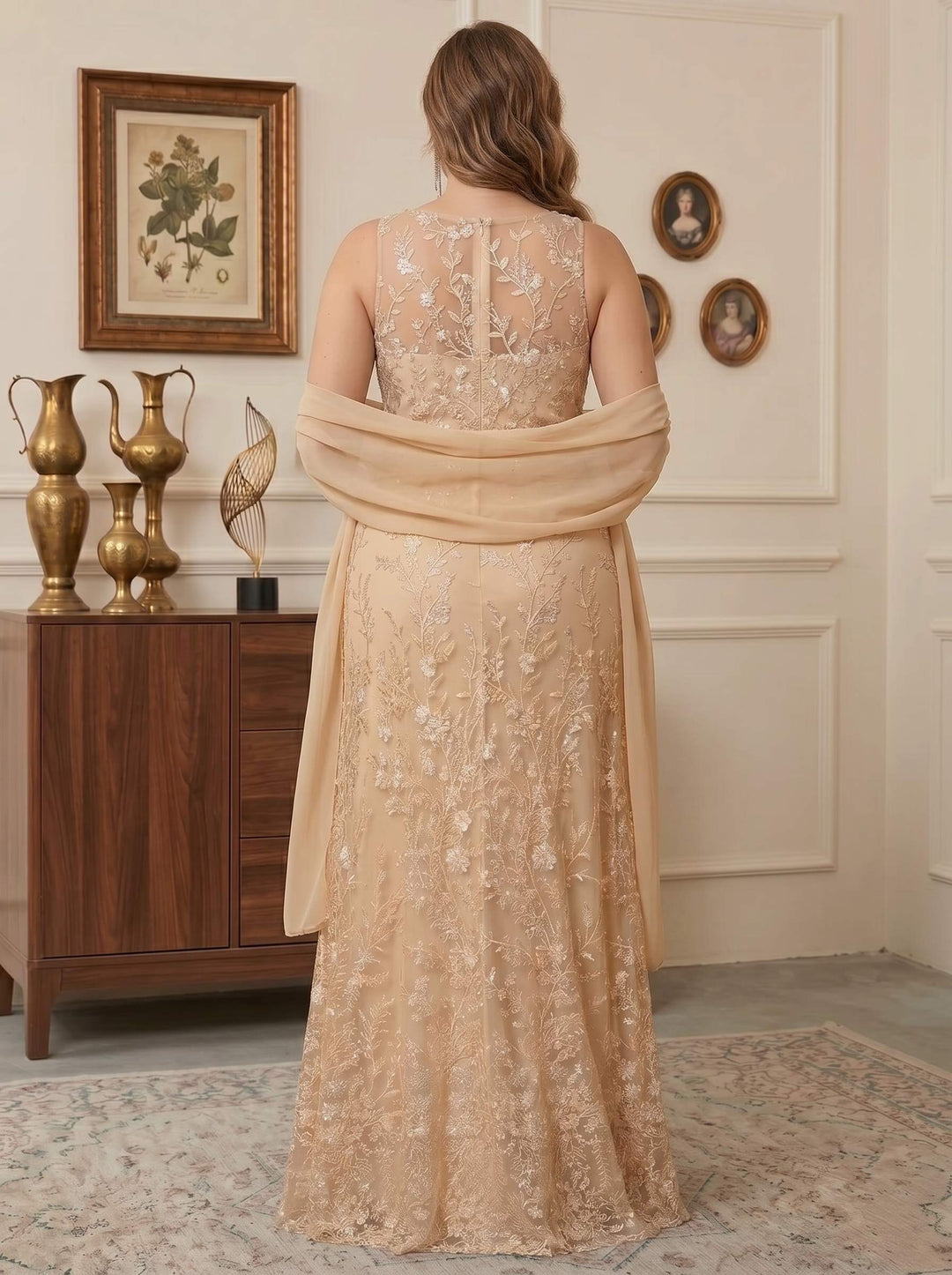 2 Pieces Sheath/Column Scoop Sleeveless Lace Floor-Length Plus Size Mother of the Bride Dresses with Shawl