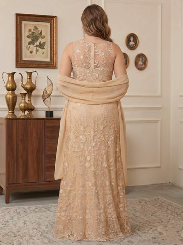 2 Pieces Sheath/Column Scoop Sleeveless Lace Floor-Length Plus Size Mother of the Bride Dresses with Shawl