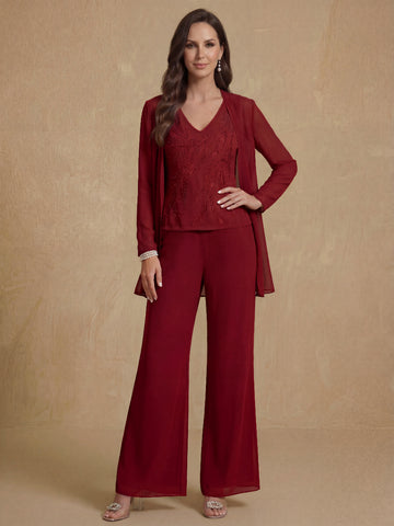 3 Pieces V-Neck Chiffon Mother of the Bride Pantsuits with Jacket Sequins Ankle-Length Long Sleeves