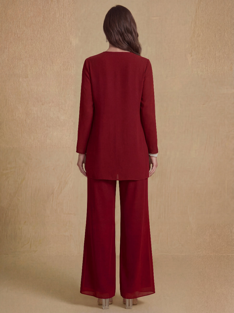 3 Pieces V-Neck Chiffon Mother of the Bride Pantsuits with Jacket Sequins Ankle-Length Long Sleeves