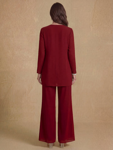 3 Pieces V-Neck Chiffon Mother of the Bride Pantsuits with Jacket Sequins Ankle-Length Long Sleeves