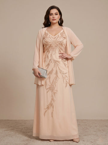 2 Pieces A-Line/Princess V-Neck Chiffon Plus Size Mother of the Bride Dresses with Jacket Sequins Ankle-Length Long Sleeves