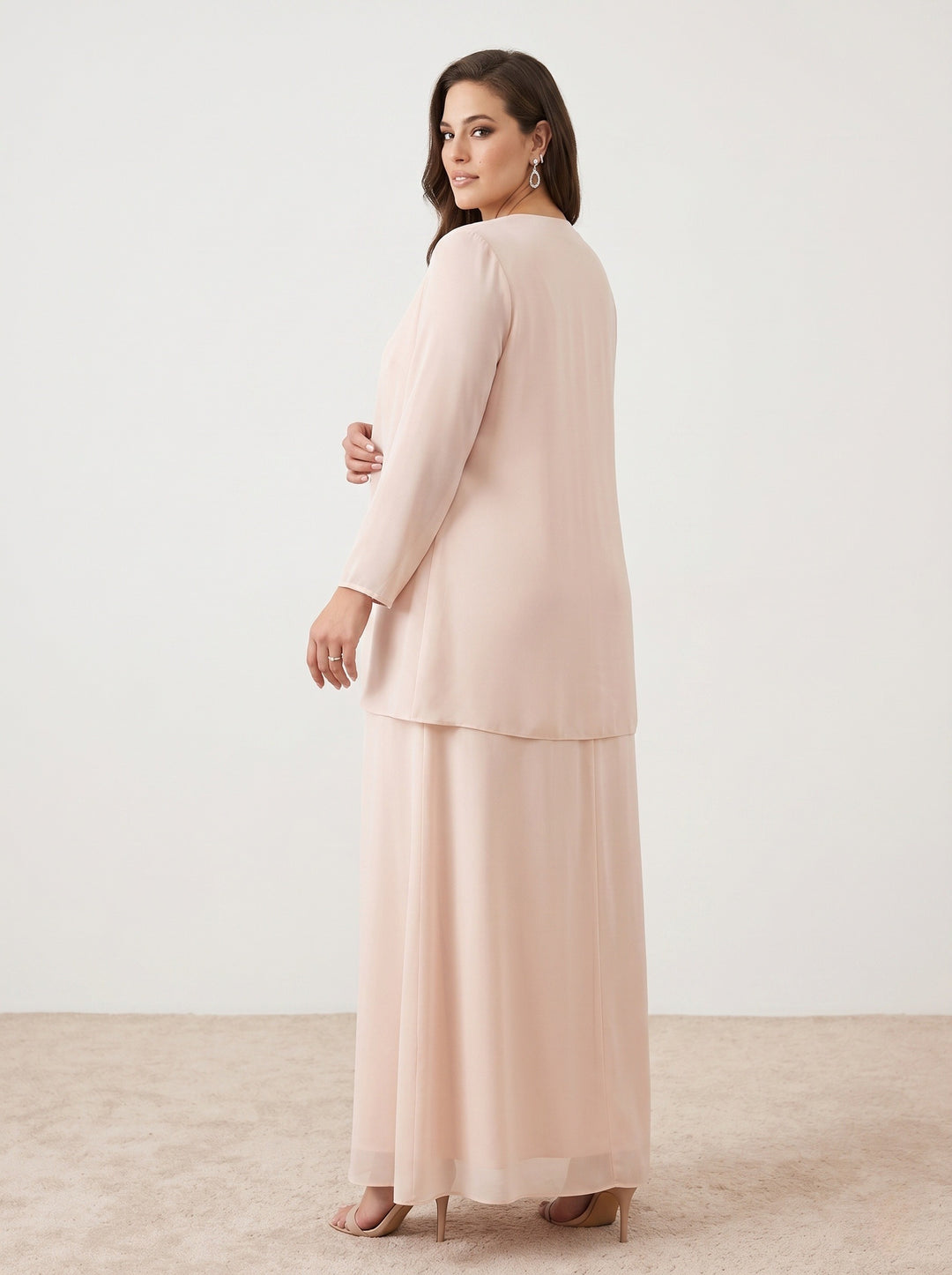 Champagne plus size A-line chiffon mother of the bride dress featuring a sequined V-neck bodice, matching long-sleeved jacket, and ankle-length hemline-back image.