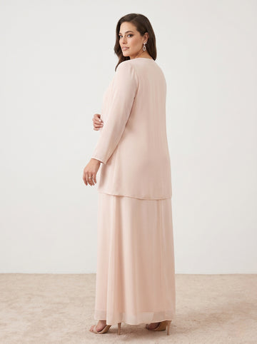 Champagne plus size A-line chiffon mother of the bride dress featuring a sequined V-neck bodice, matching long-sleeved jacket, and ankle-length hemline-back image.