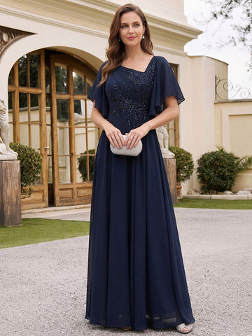 A-Line/Princess Asymmetrical Collar Chiffon Mother of the Bride Dresses Sequins Ankle-Length Short Sleeves Ruched