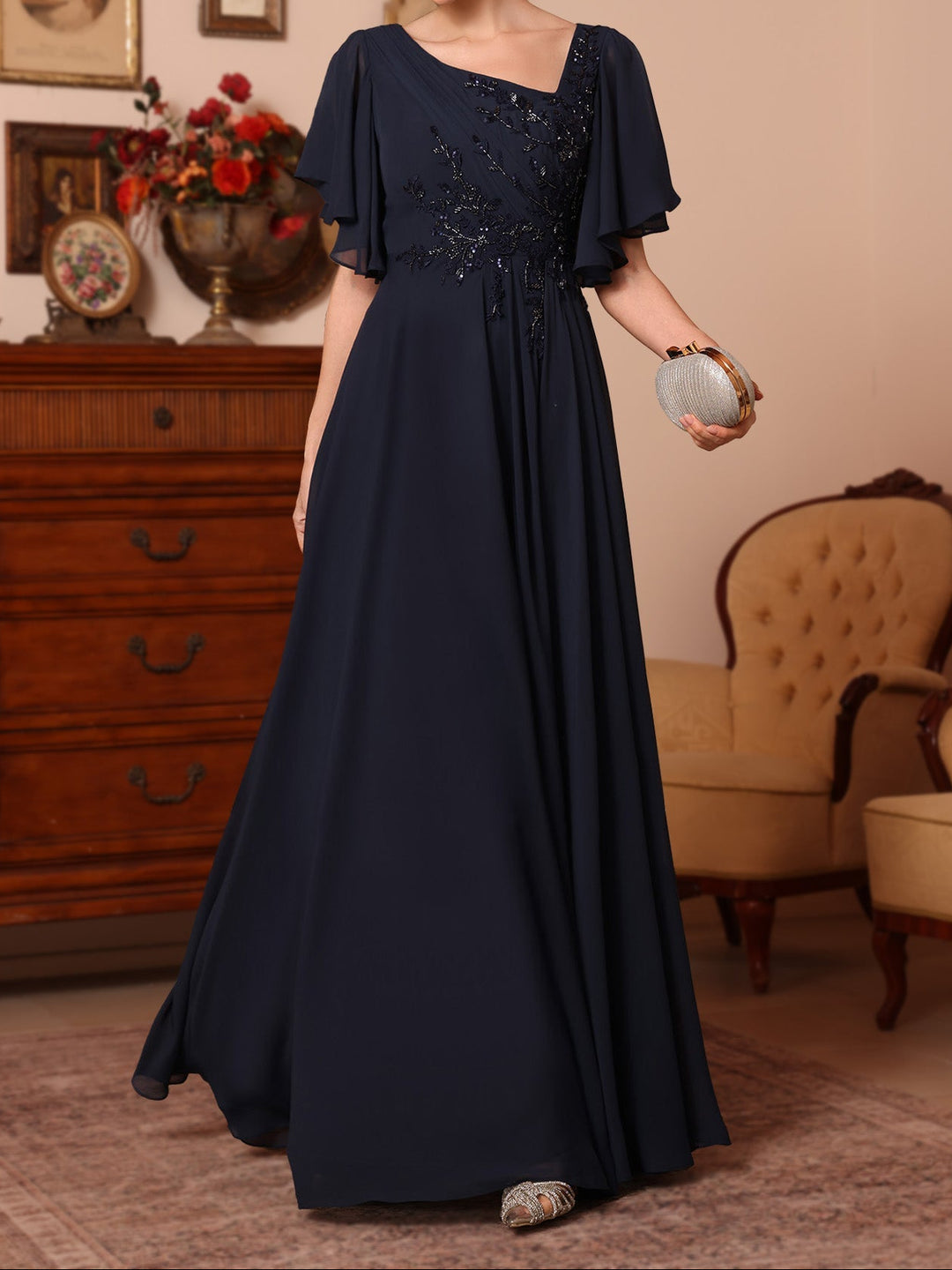 A-Line/Princess Asymmetrical Collar Chiffon Mother of the Bride Dresses Sequins Ankle-Length Short Sleeves Ruched