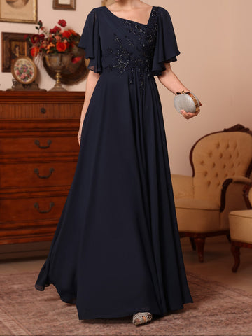 A-Line/Princess Asymmetrical Collar Chiffon Mother of the Bride Dresses Sequins Ankle-Length Short Sleeves Ruched