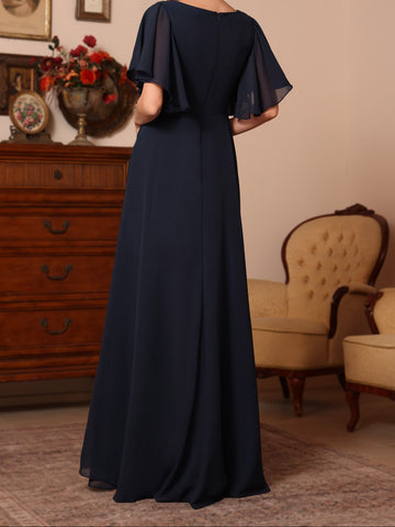 A-Line/Princess Asymmetrical Collar Chiffon Mother of the Bride Dresses Sequins Ankle-Length Short Sleeves Ruched