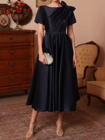 A-Line/Princess Scoop Satin Mother of the Bride Dresses Tea-Length Short Sleeves Beading Bowknot