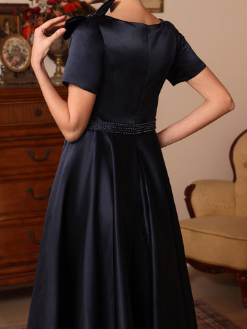 A-Line/Princess Scoop Satin Mother of the Bride Dresses Tea-Length Short Sleeves Beading Bowknot