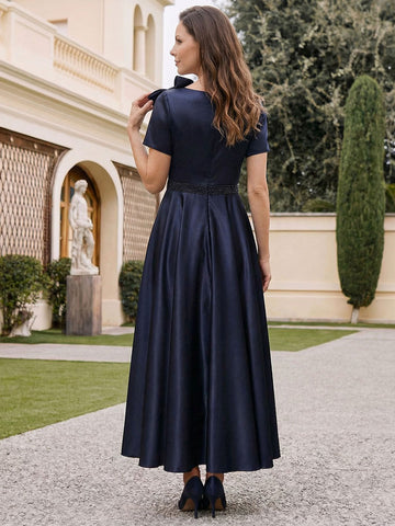 A-Line/Princess Scoop Satin Mother of the Bride Dresses Tea-Length Short Sleeves Beading Bowknot