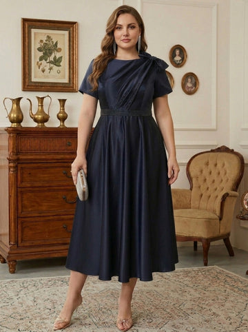 A-Line/Princess Scoop Satin Plus Size Mother of the Bride Dresses Tea-Length Short Sleeves Beading Bowknot