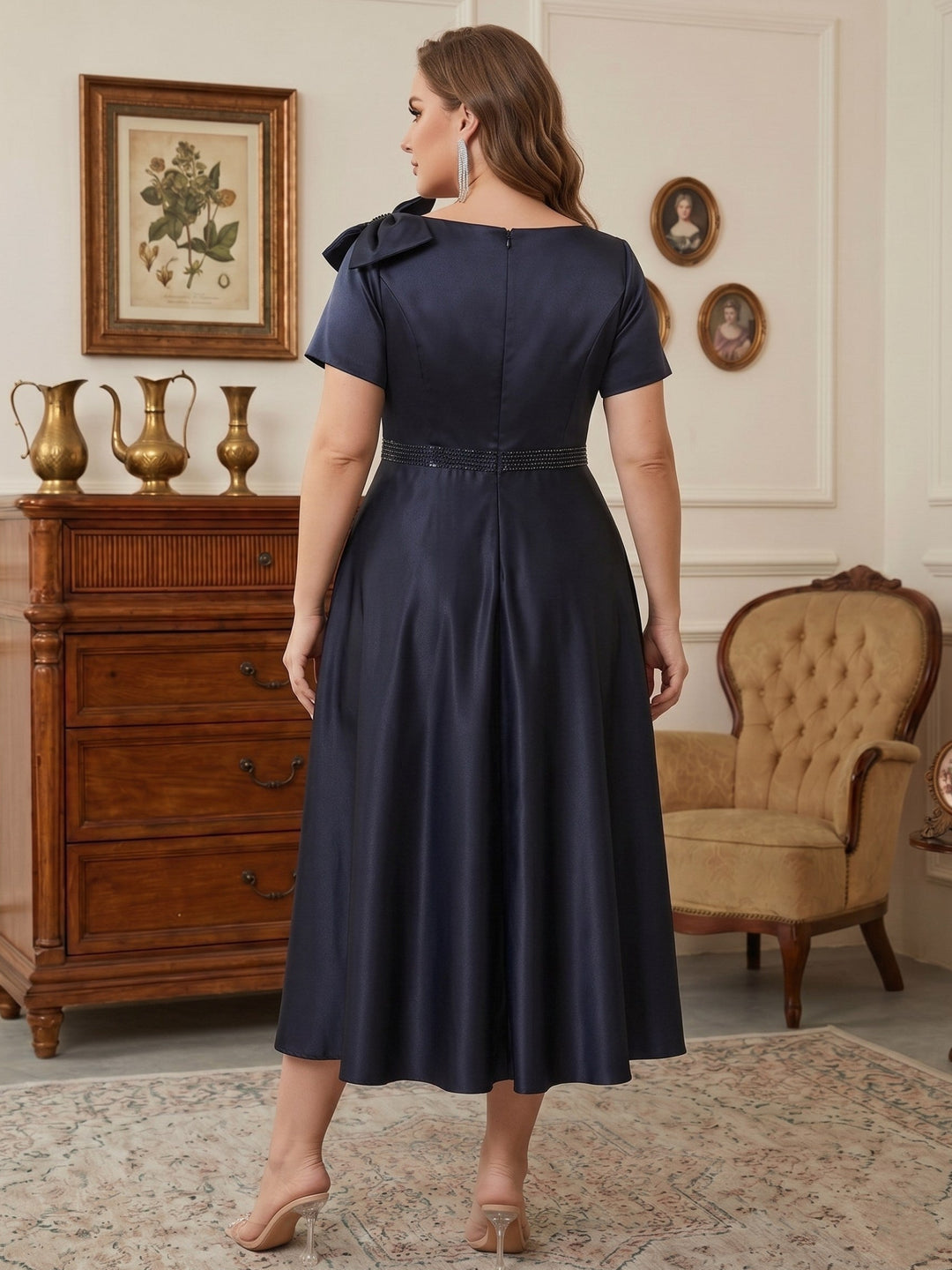 A-Line/Princess Scoop Satin Plus Size Mother of the Bride Dresses Tea-Length Short Sleeves Beading Bowknot