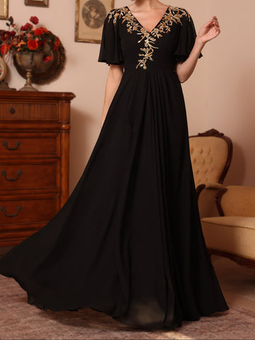 A-Line/Princess V-Neck Chiffon Mother of the Bride Dresses Appliques Floor-Length Short Sleeves Ruffles
