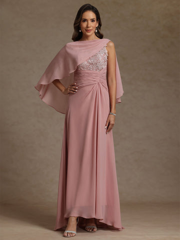 A-Line/Princess Scoop Chiffon Mother of the Bride Dresses with Wrap Lace Floor-Length Ruched Sleeveless