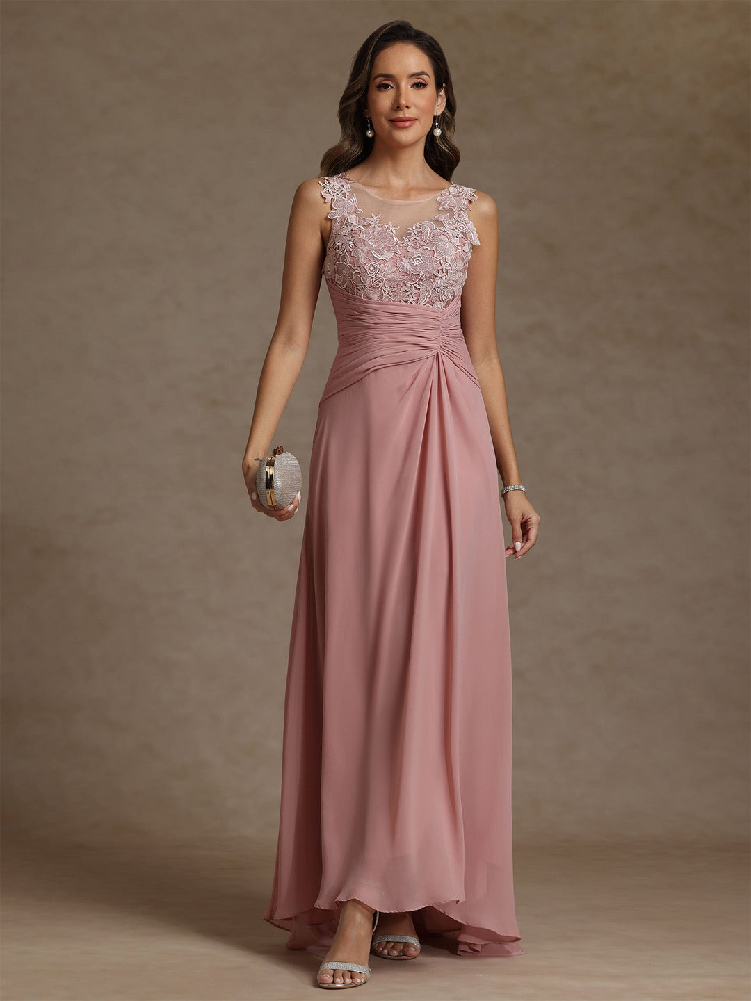 A-Line/Princess Scoop Chiffon Mother of the Bride Dresses with Wrap Lace Floor-Length Ruched Sleeveless