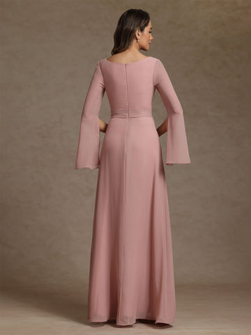 Sheath/Column V-Neck Chiffon Mother of the Bride Dresses Rhinestone Floor-Length Ruched Long Sleeves
