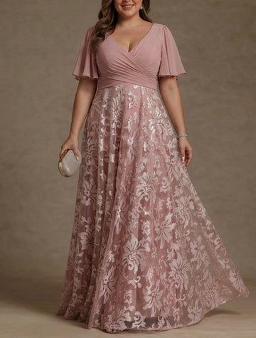 A-Line/Princess V-Neck Plus Size Mother of the Bride Dresses Short Sleeves Chiffon Lace Floor-Length Floral Ruched