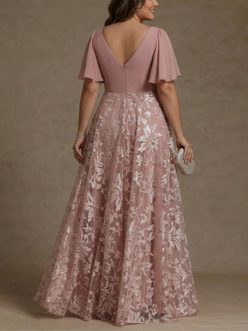 A-Line/Princess V-Neck Plus Size Mother of the Bride Dresses Short Sleeves Chiffon Lace Floor-Length Floral Ruched