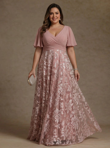 A-Line/Princess V-Neck Plus Size Mother of the Bride Dresses Short Sleeves Chiffon Lace Floor-Length Floral Ruched