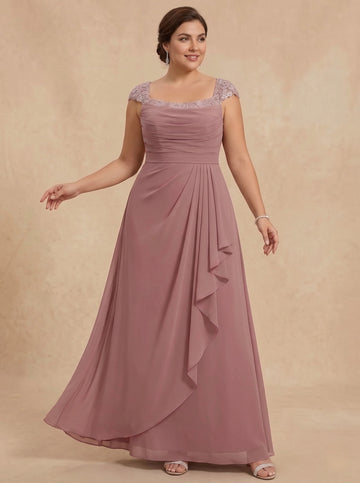 Sheath/Column Square Collar Chiffon Plus Size Mother of the Bride Dresses Floor-Length Ruffles Ruched Sleeveless Lace