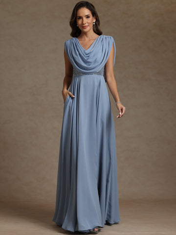 A-Line/Princess Cowl Neck Exclusive Chiffon Exclusive Mother of the Bride Dresses Floor-Length Sequins Sleeveless