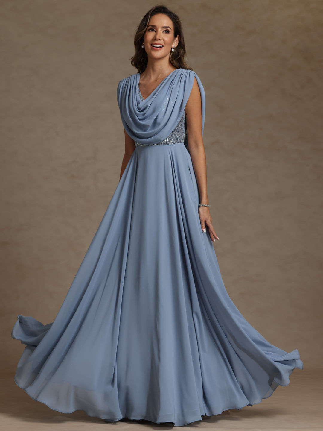 A-Line/Princess Cowl Neck Exclusive Chiffon Exclusive Mother of the Bride Dresses Floor-Length Sequins Sleeveless