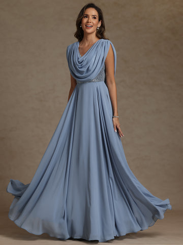 A-Line/Princess Cowl Neck Exclusive Chiffon Exclusive Mother of the Bride Dresses Floor-Length Sequins Sleeveless