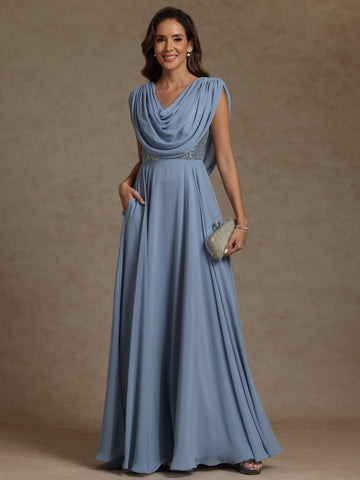 A-Line/Princess Cowl Neck Exclusive Chiffon Exclusive Mother of the Bride Dresses Floor-Length Sequins Sleeveless