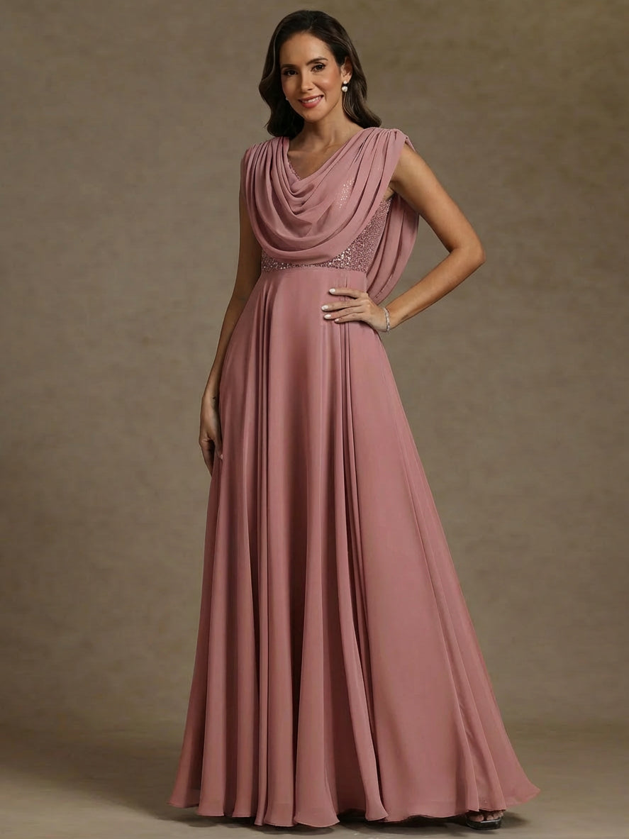 A-Line/Princess Cowl Neck Exclusive Chiffon Exclusive Mother of the Bride Dresses Floor-Length Sequins Sleeveless