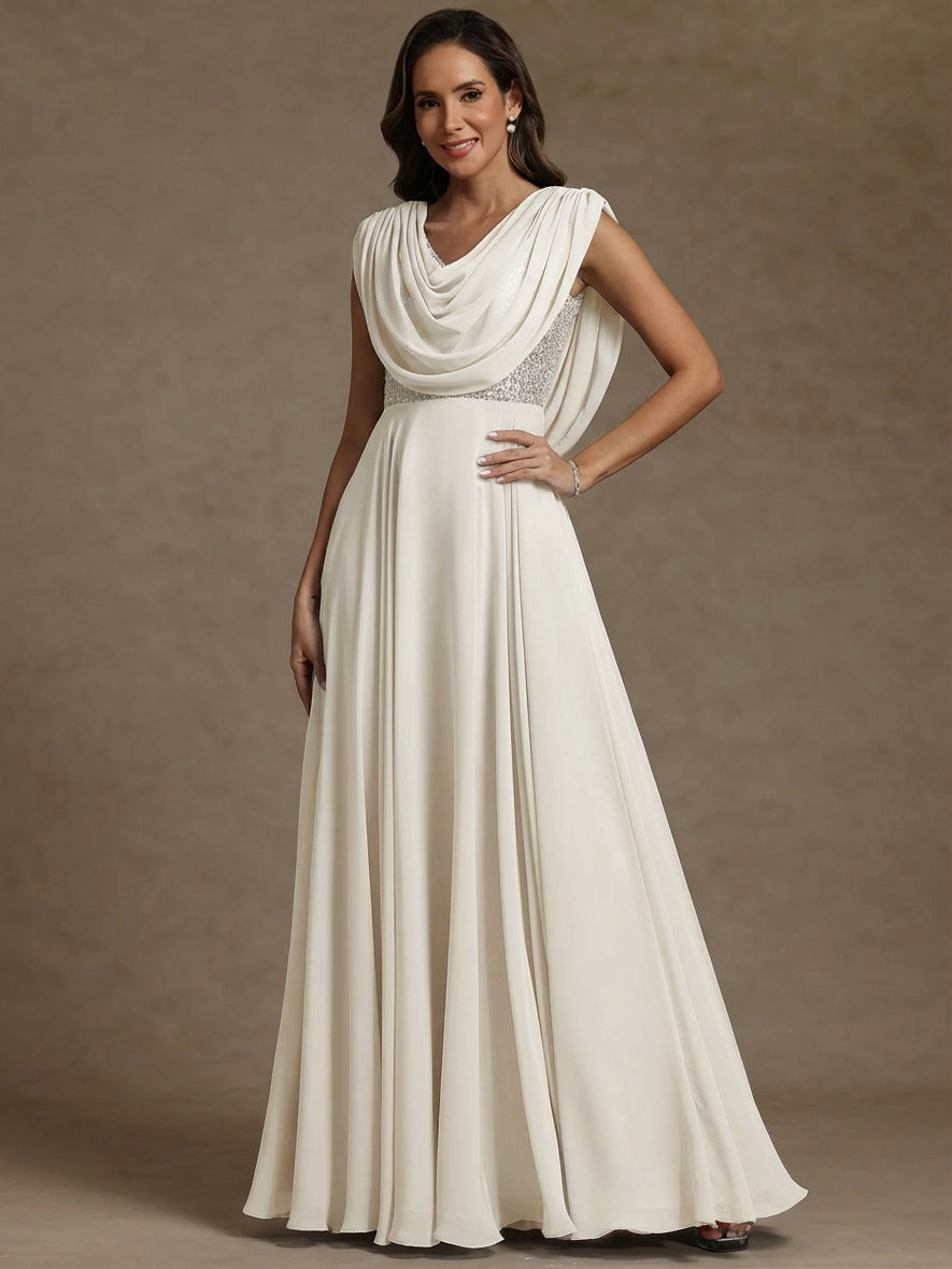 A-Line/Princess Cowl Neck Exclusive Chiffon Exclusive Mother of the Bride Dresses Floor-Length Sequins Sleeveless
