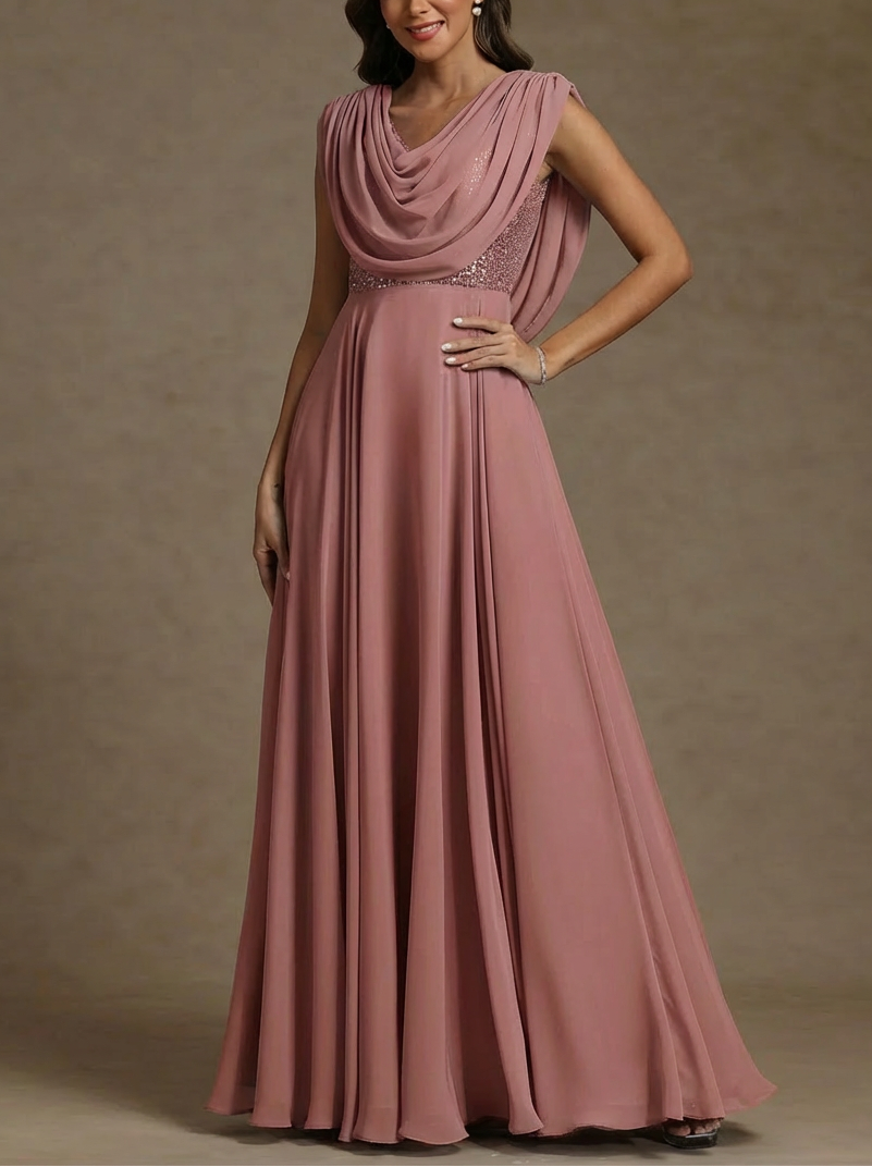 A-Line/Princess Cowl Neck Chiffon Mother of the Bride Dresses Floor-Length Sequins Sleeveless