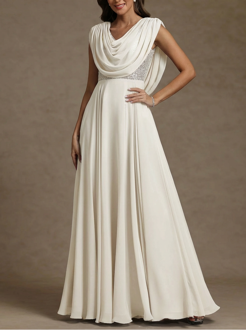 A-Line/Princess Cowl Neck Chiffon Mother of the Bride Dresses Floor-Length Sequins Sleeveless
