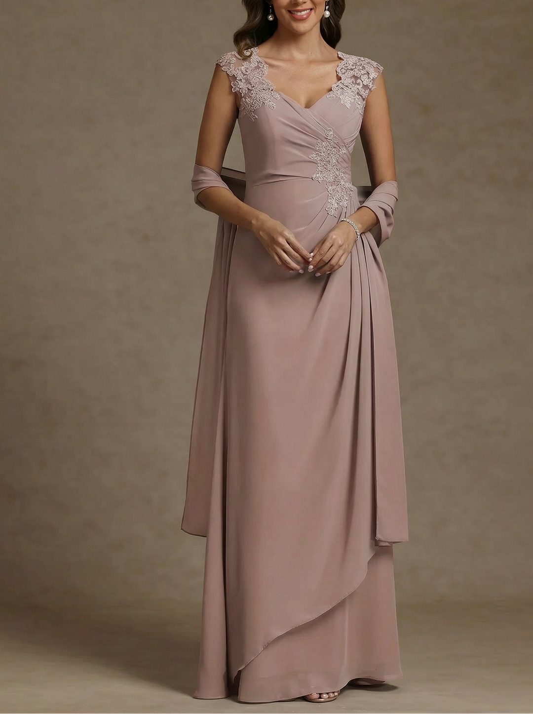 Sheath/Column V-Neck Chiffon Mother of the Bride Dresses with Wrap Floor-Length Lace Ruched Ruffles Sleeveless