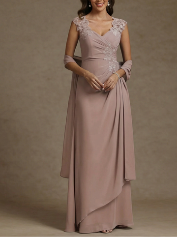 Sheath/Column V-Neck Chiffon Mother of the Bride Dresses with Wrap Floor-Length Lace Ruched Ruffles Sleeveless